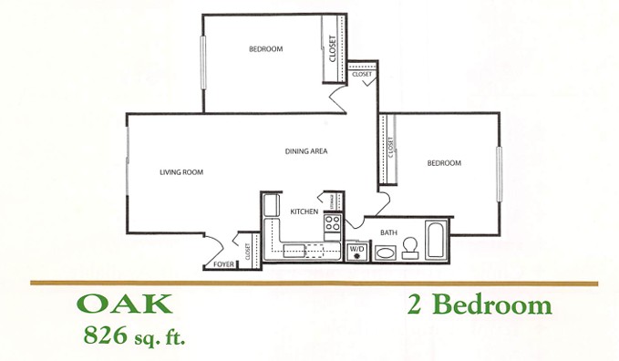 Peachtree Apartments Oak two bedroom floor plan in Clinton Township MI